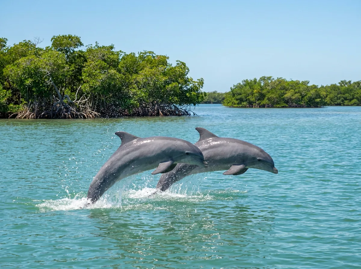 Bottlenose dolphins surfacing in the turquoise water of Estero Bay