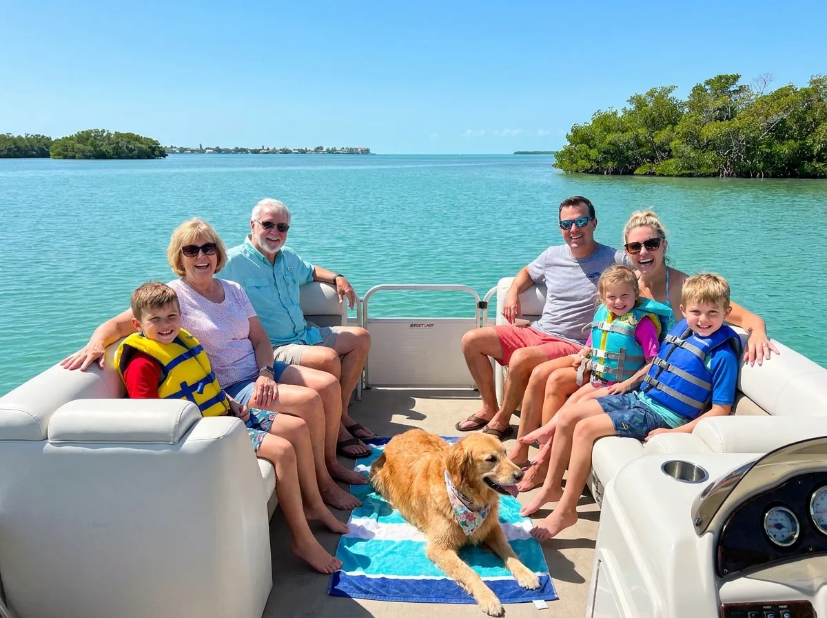 Multigenerational family with their dog aboard a pontoon boat