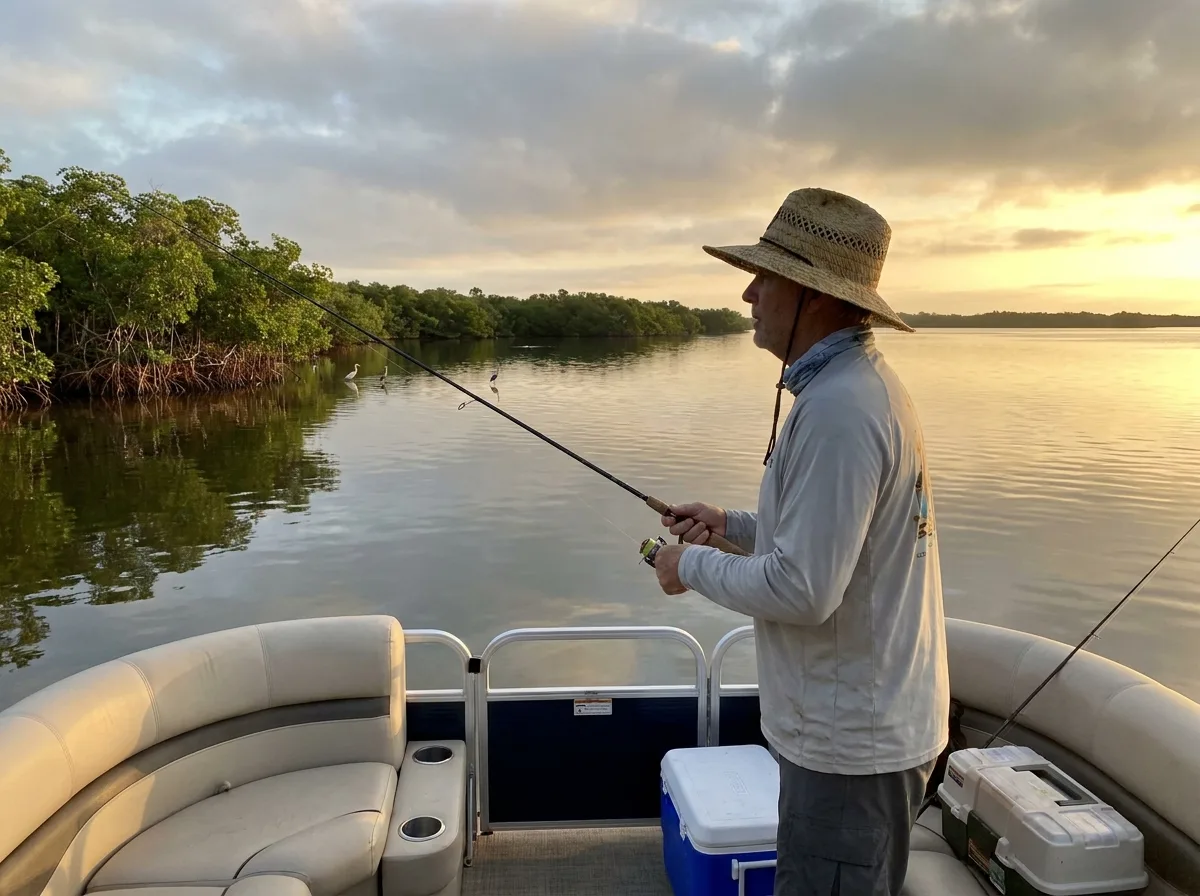 Angler casting a line from a pontoon boat near the mangroves