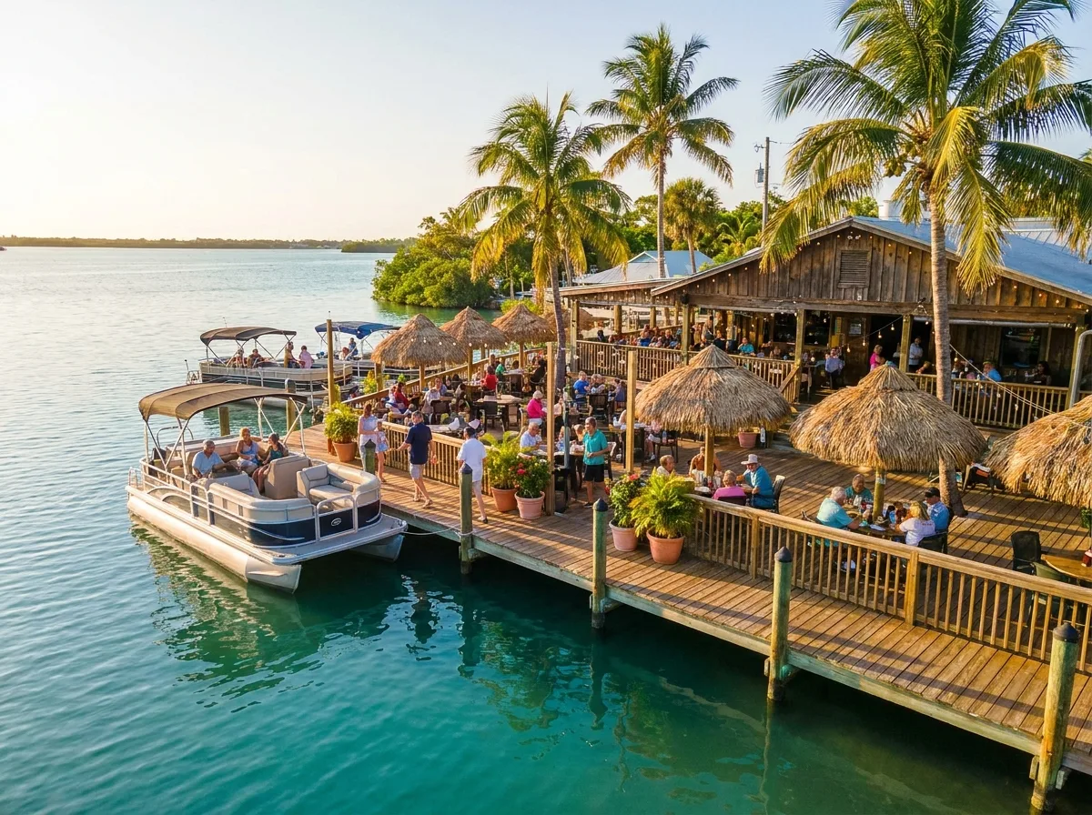 Waterfront restaurant with a boat dock on Estero Bay