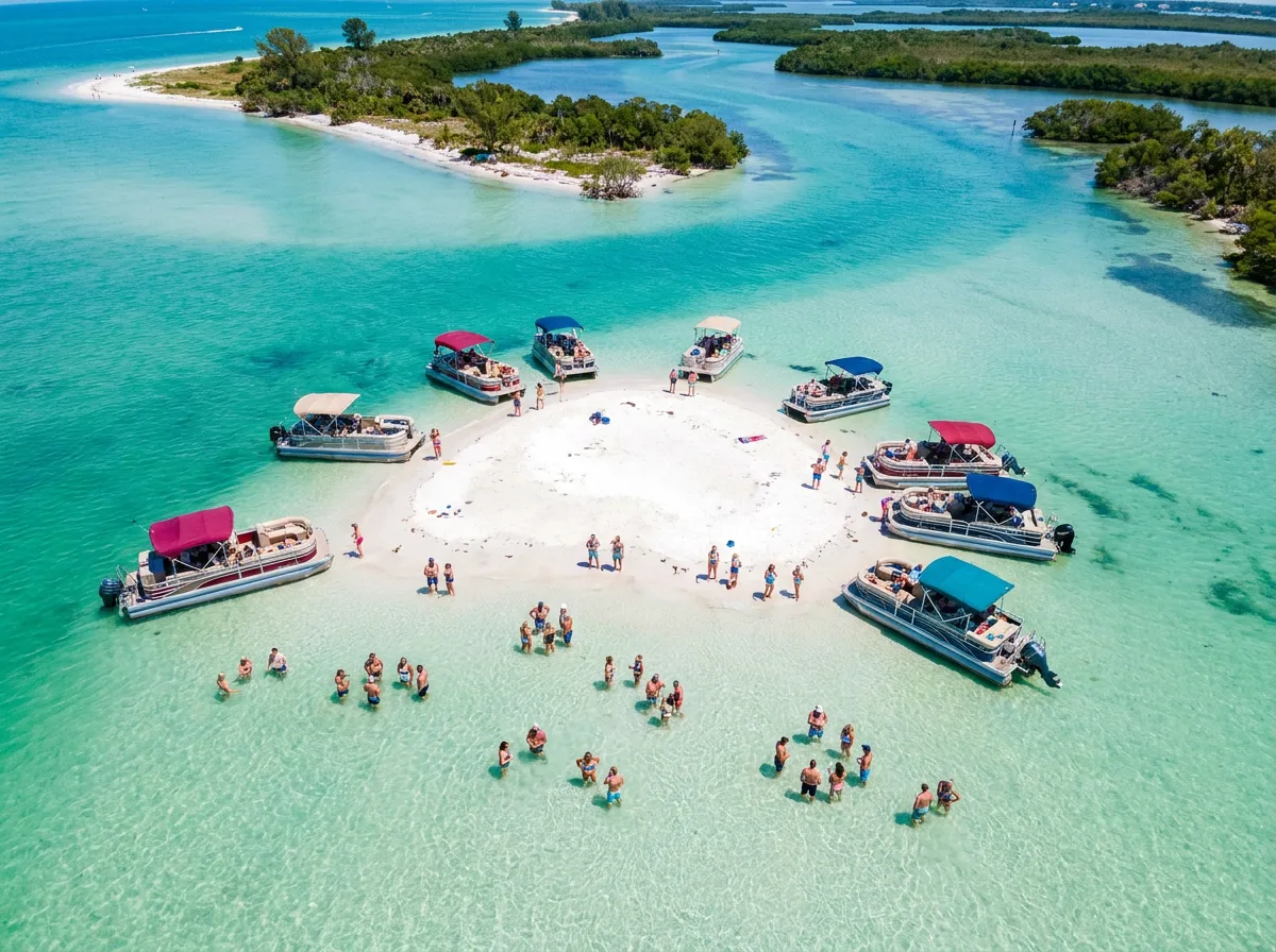 Pontoon boats anchored at a white sandbar in shallow turquoise water